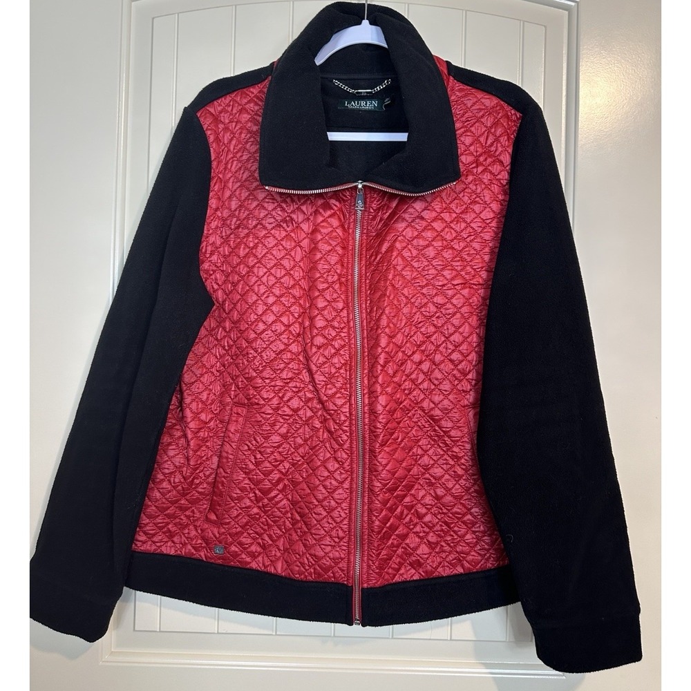 Lauren Ralph Lauren Women's Size XL Quilted Fleece Sweater Jacket Red And Black